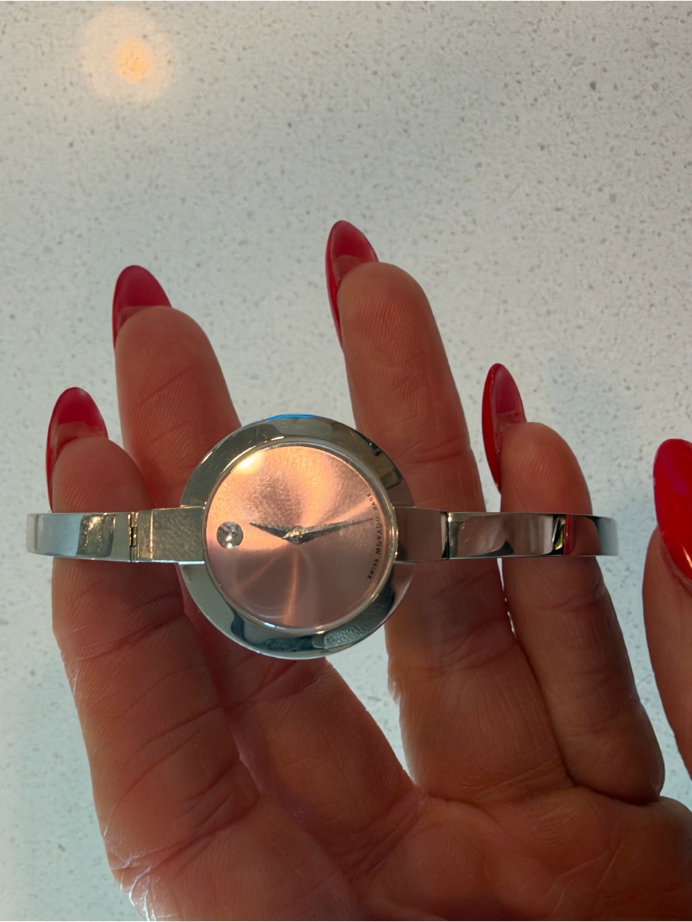 Movado Silver Bangle Watch with Pink Sunray Dial